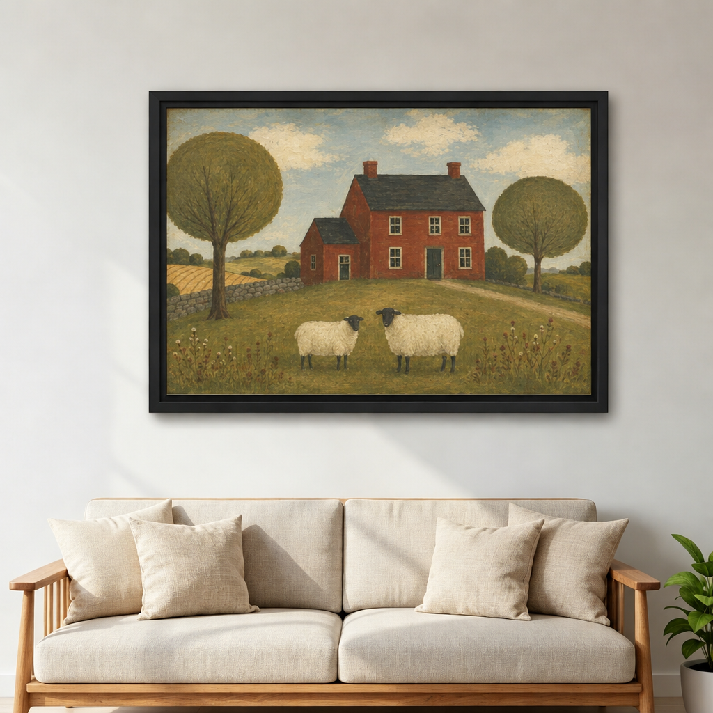 Primitive folk art sheep farm canvas wall art in a black frame above a cream sofa.