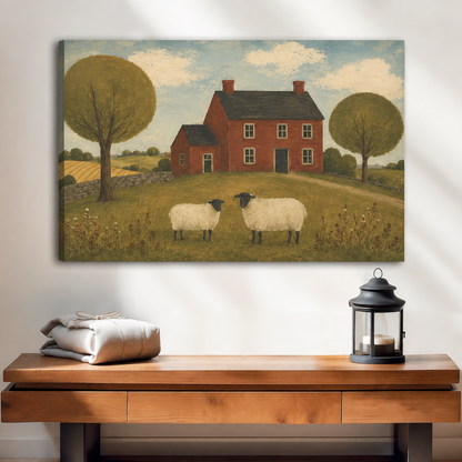 Unframed primitive folk art sheep farm canvas wall art above a console, with two sheep standing before a red farmhouse.