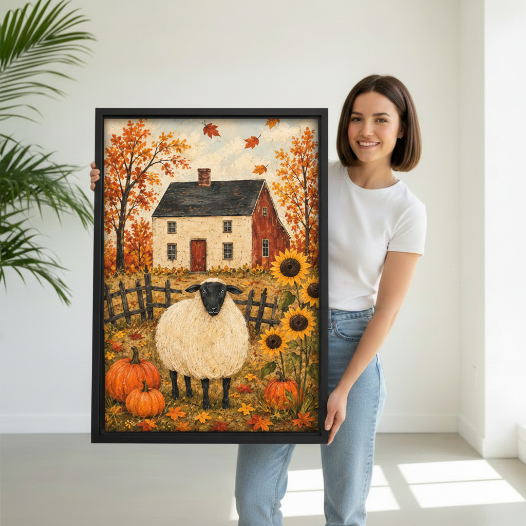 Smiling woman holding large framed primitive folk art autumn sheep farmhouse canvas print in bright white room
