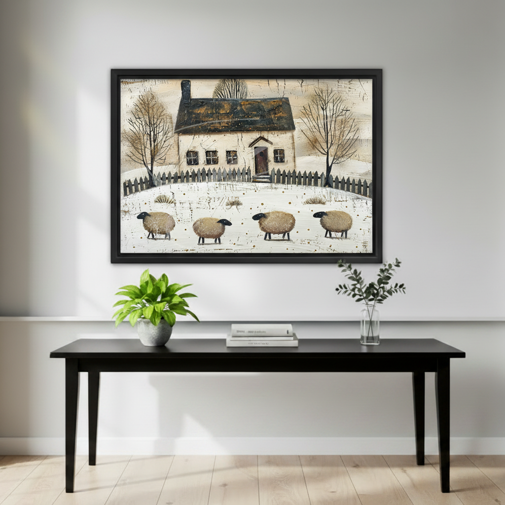 Folk art four sheep in snowy field before white cottage with dark roof and bare winter trees framed canvas above black console table with green plant