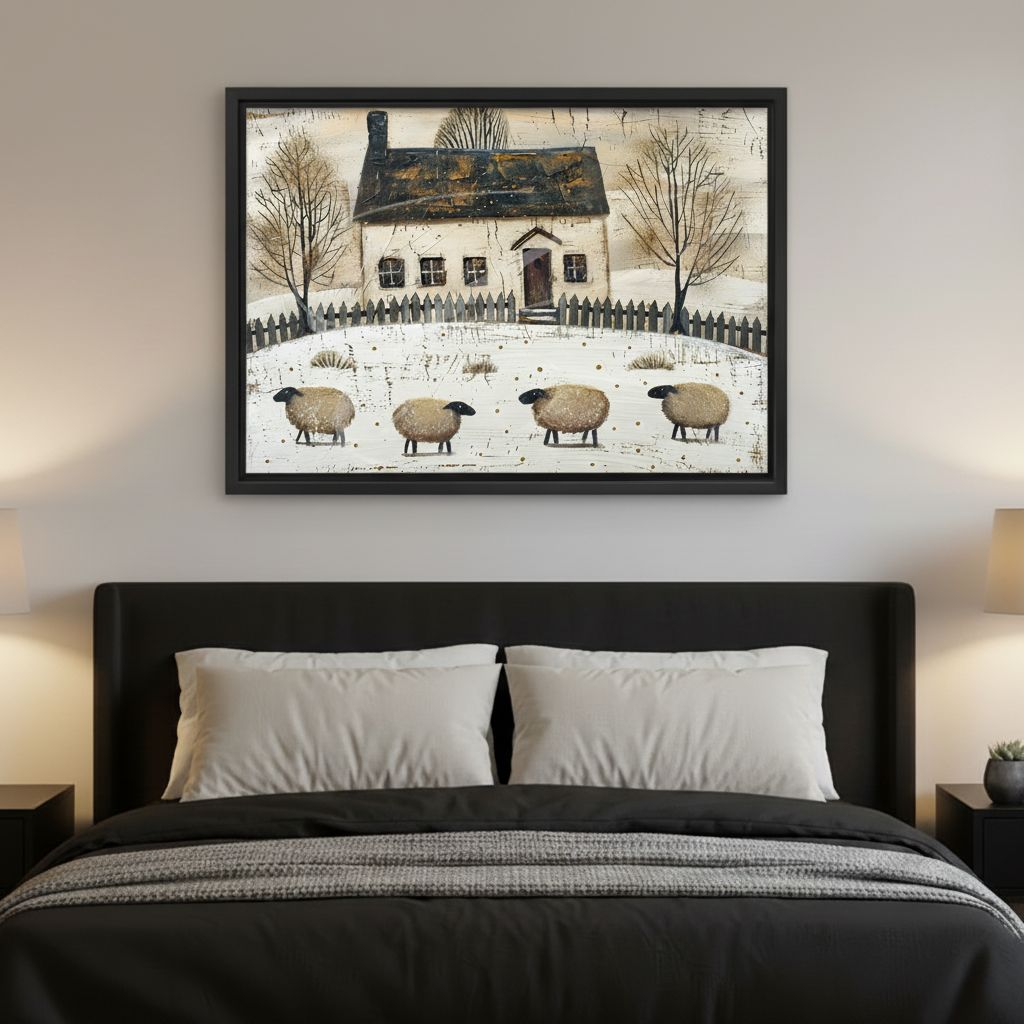 Folk art four fluffy sheep in snow before white winter cottage with dark roof and grey fence framed canvas above dark upholstered bed with white pillows