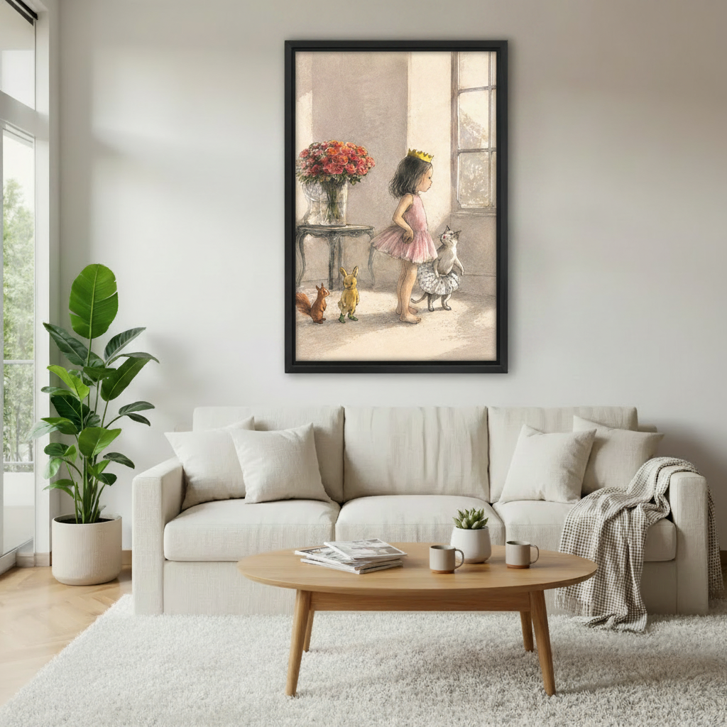 Close-up detail of little girl in pink tutu with gold crown, cat in polka dot skirt and squirrel, watercolor storybook canvas print