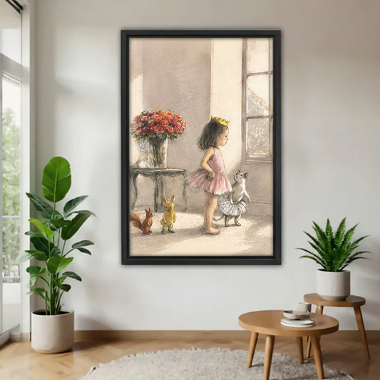 Little princess with gold crown and pink dress with cat squirrel and rabbit, storybook watercolor canvas print in black frame, living room wall art