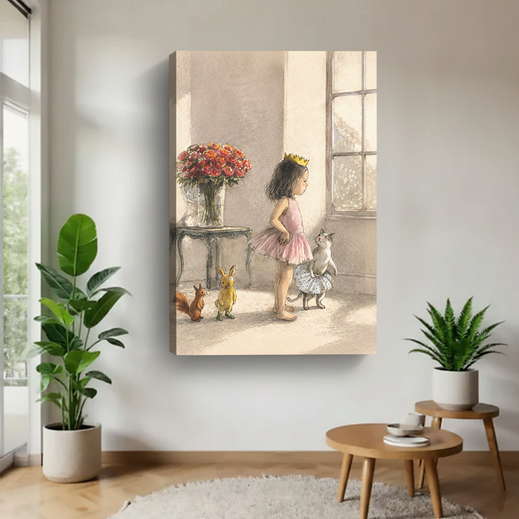 Frameless gallery wrap canvas of little princess and animals in soft watercolor style, whimsical storybook wall art thick edges