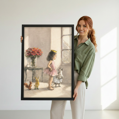 Whimsical princess and animals watercolor canvas print in black frame, storybook wall art perfect for girls room decor
