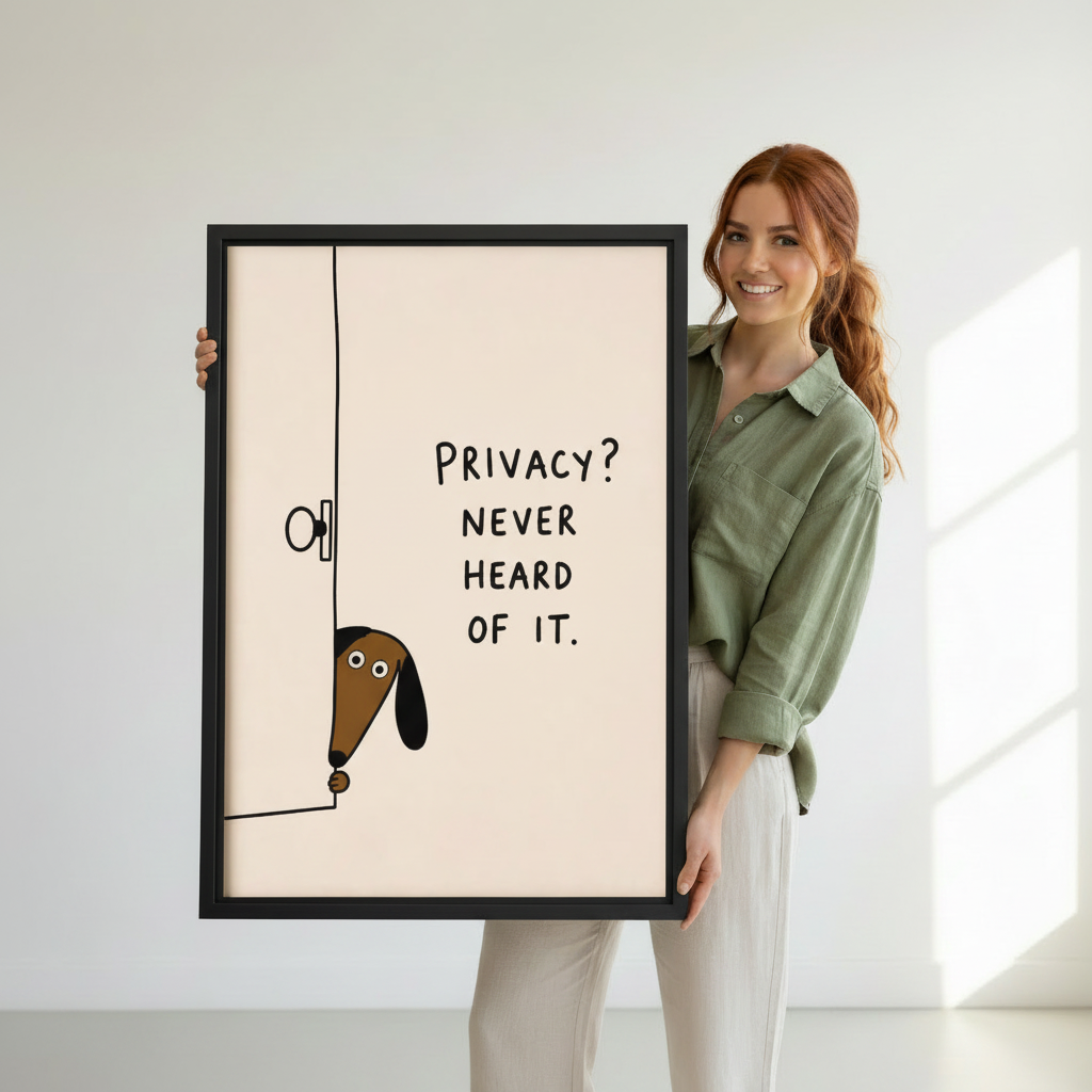  Woman holding large privacy never heard of it dachshund framed canvas print, funny dog quote wall art size reference