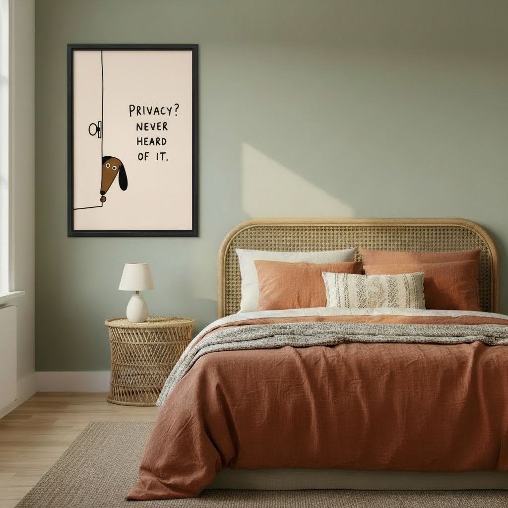 Privacy never heard of it dachshund framed wall art above rattan bed, humorous dog quote print for boho bedroom decor