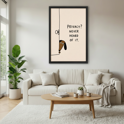 Dachshund peeking door funny quote framed print above white sofa, witty dog wall art for Scandinavian living room