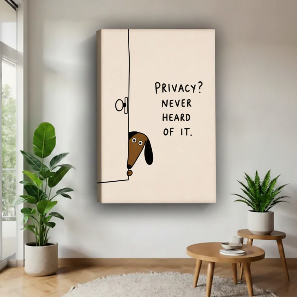  Frameless canvas wrap of cartoon dachshund peeking door with funny privacy quote, minimalist dog wall art for modern home
