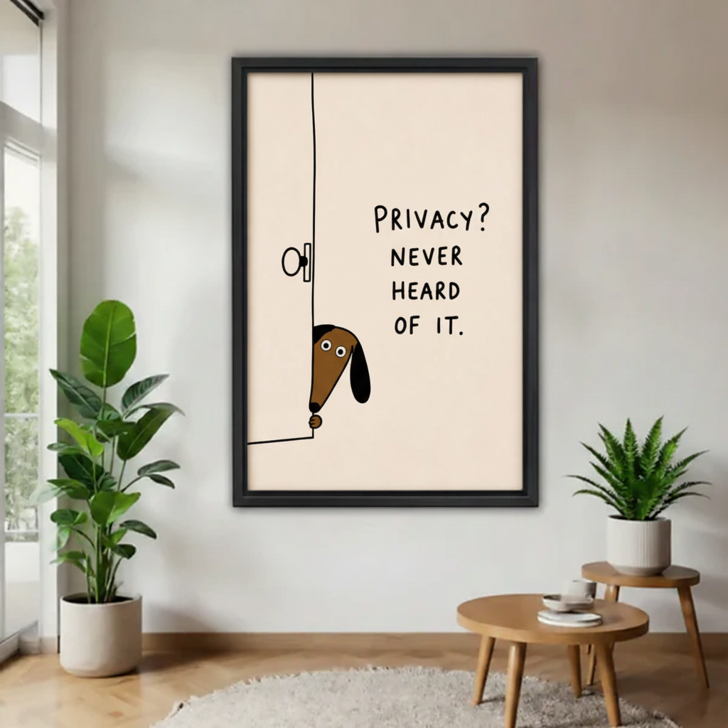  Funny dachshund peeking through door privacy never heard of it framed wall art, humorous dog print for living room decor