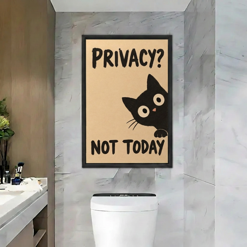  Black cat wall art in a black frame, showing a peeking cat and humorous privacy quote above a toilet.