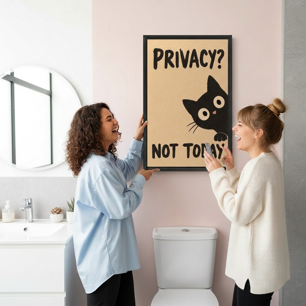 Two women laughing beside framed black cat wall art with the words “Privacy? Not Today” in a pink bathroom.