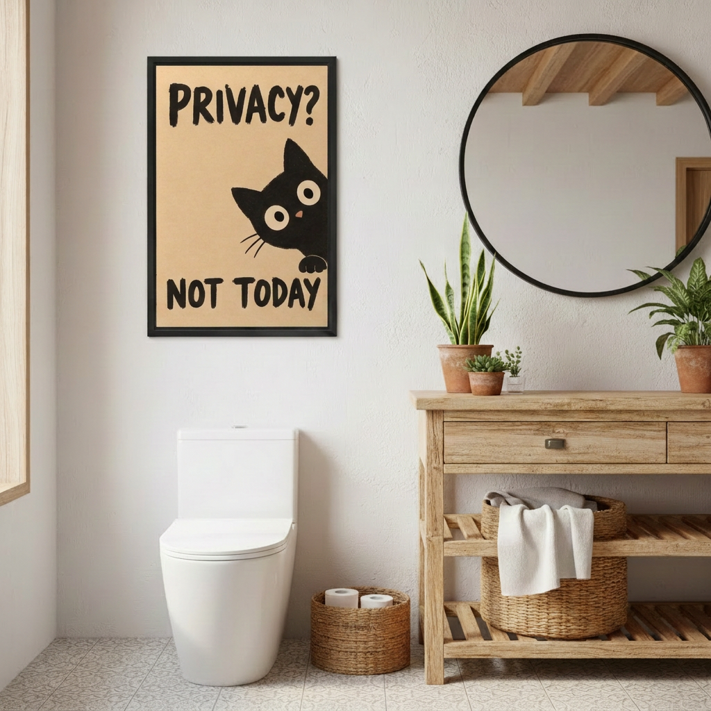 Framed black cat wall art reading “Privacy? Not Today” above a toilet beside a wooden vanity and round mirror.
