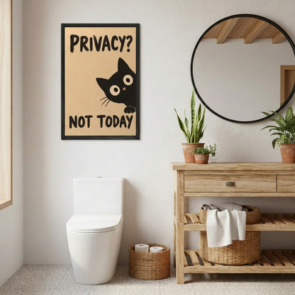 Framed black cat wall art reading “Privacy? Not Today” above a toilet beside a wooden vanity and round mirror.