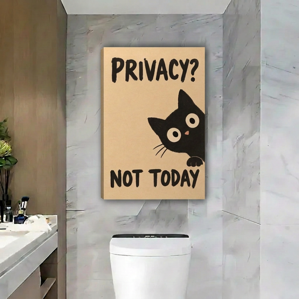 Unframed black cat wall art featuring “Privacy? Not Today” lettering above a toilet against gray marble walls.