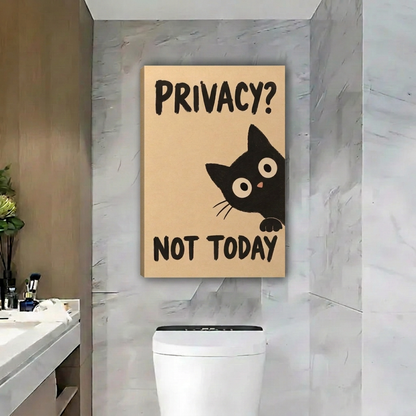 Unframed black cat wall art featuring “Privacy? Not Today” lettering above a toilet against gray marble walls.