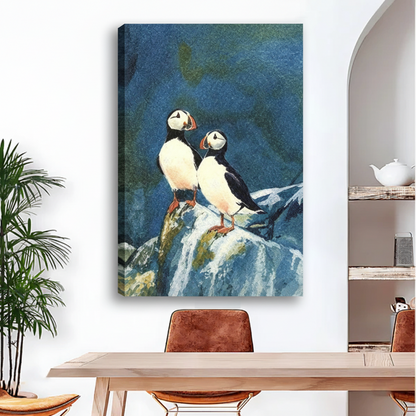 Frameless gallery wrap canvas of two Atlantic puffins on blue ocean rocks in bright coastal dining room