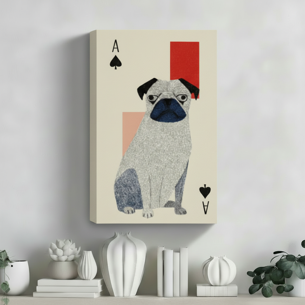 Pug dog playing card canvas wall art unframed displayed on white shelf in contemporary minimalist home decor