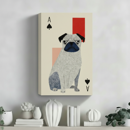 Pug dog playing card canvas wall art unframed displayed on white shelf in contemporary minimalist home decor