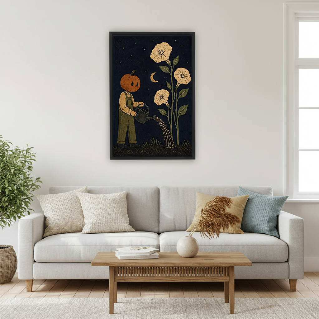 Pumpkin gardener canvas wall art above a bedroom, featuring a moonlit garden, cream blooms, and a watering can.