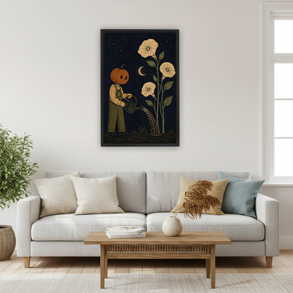 Pumpkin gardener canvas wall art above a bedroom, featuring a moonlit garden, cream blooms, and a watering can.