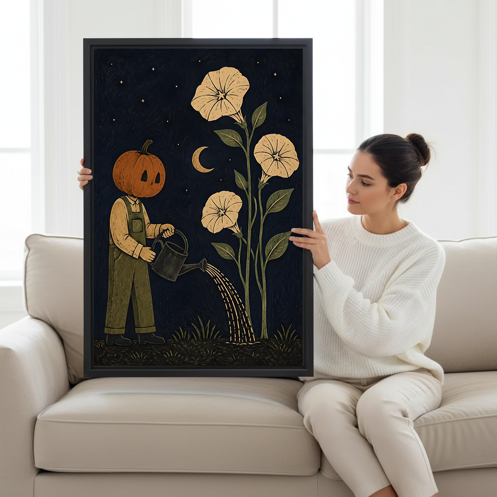 Pumpkin gardener canvas wall art above a bedroom side table, with a starry sky and tall cream flowers.