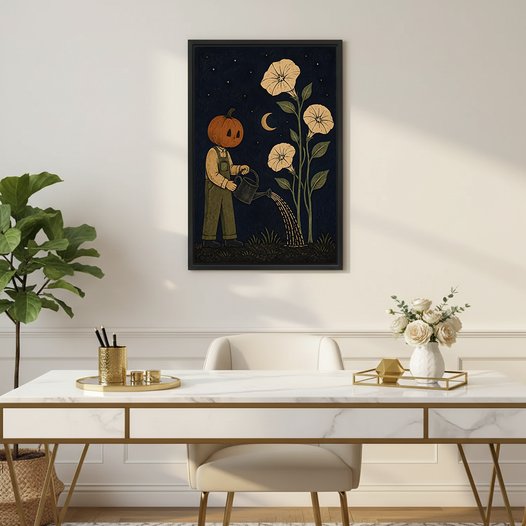 Framed pumpkin gardener canvas wall art above a desk, showing a jack-o'-lantern figure watering flowers under a crescent moon.