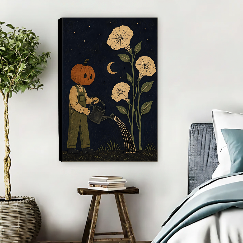 A woman holds pumpkin gardener canvas wall art featuring tall flowers, a crescent moon, stars, and a watering can.