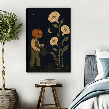 A woman holds pumpkin gardener canvas wall art featuring tall flowers, a crescent moon, stars, and a watering can.