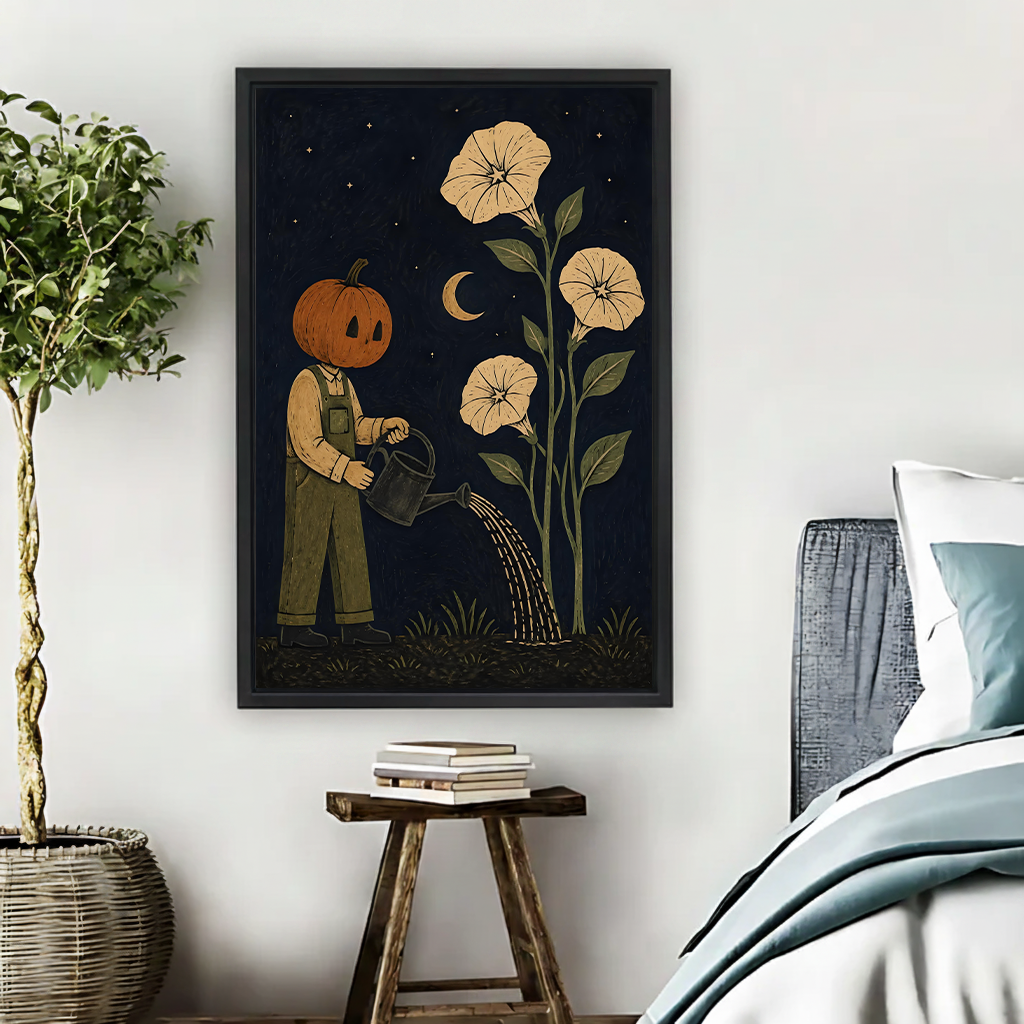 Pumpkin gardener canvas wall art above a white sofa, showing a watering can, moonlit flowers, and scattered stars.