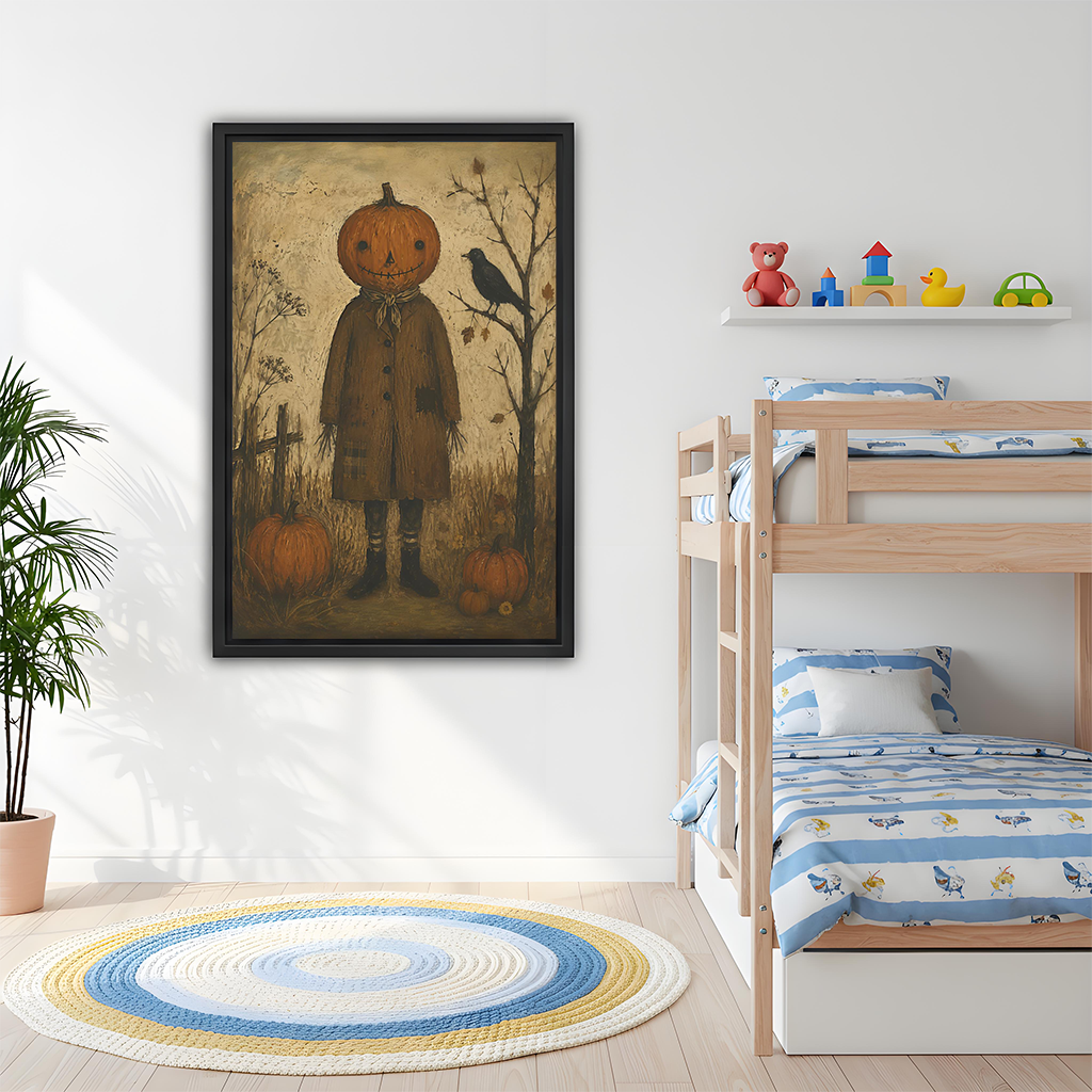 Black-framed pumpkin scarecrow canvas wall art with an aged cream background beside wooden bunk beds.