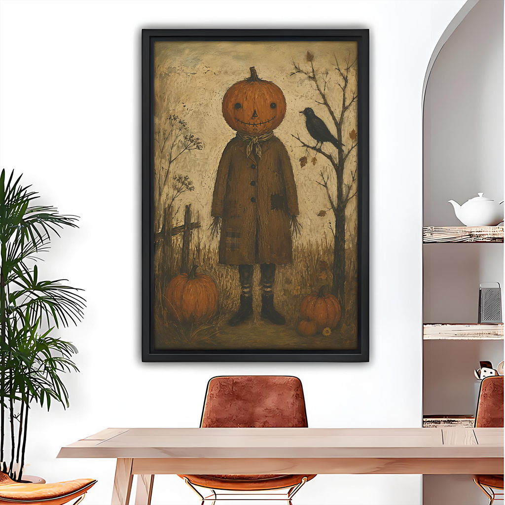 Framed pumpkin scarecrow canvas wall art with a black crow and earthy folk details above a dining table.
