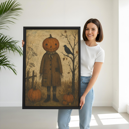Gallery-wrap pumpkin scarecrow canvas wall art in a primitive folk style, displayed above a dining table.