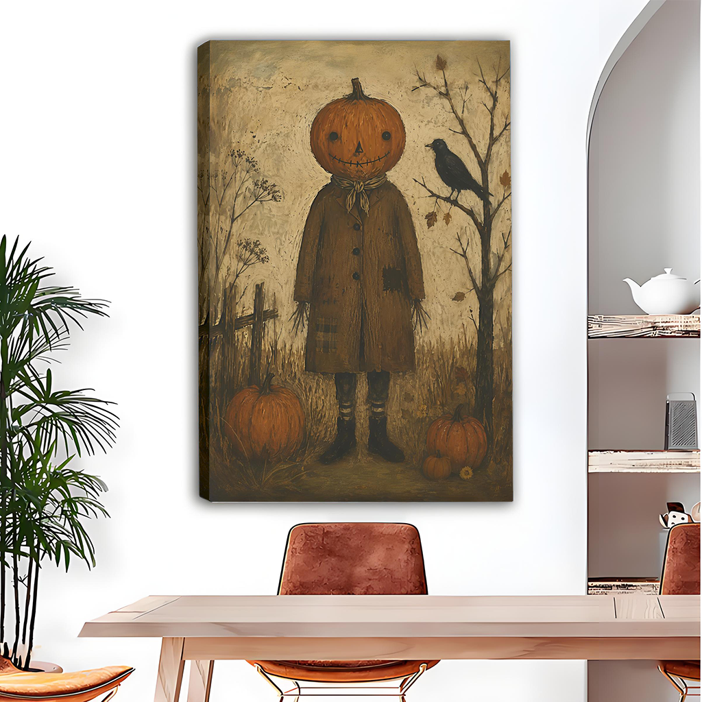 Woman holding framed pumpkin scarecrow canvas wall art featuring a brown coat, autumn pumpkins, and a perched black crow.