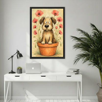 Whimsical puppy flower pot canvas wall art bringing cheerful botanical charm to a cozy bedroom