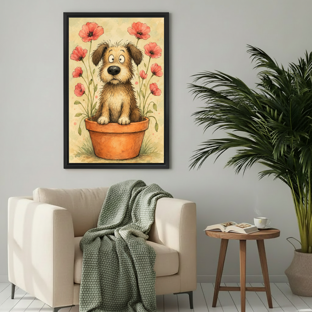 Puppy flower pot canvas wall art displayed above a navy sofa in a contemporary living room