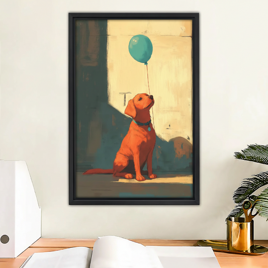 Puppy with Blue Balloon Vintage Oil Framed Canvas Art|Liberty Signs #L1713