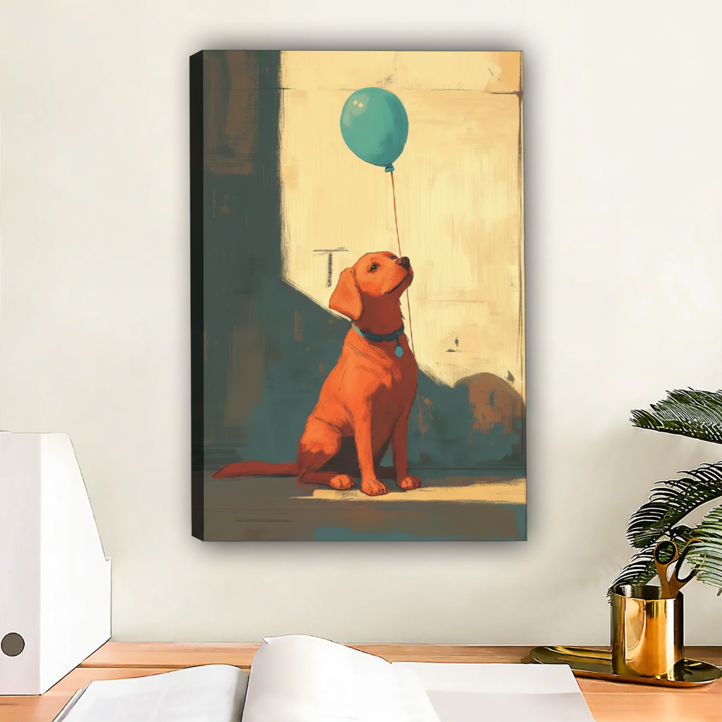 Puppy with Blue Balloon Vintage Oil Framed Canvas Art|Liberty Signs #L1713