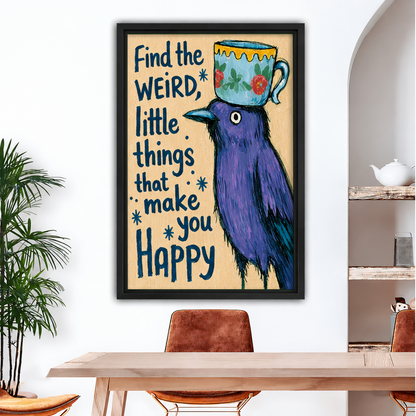 Framed purple bird quote canvas wall art displayed above a dining table beside an arched shelf.