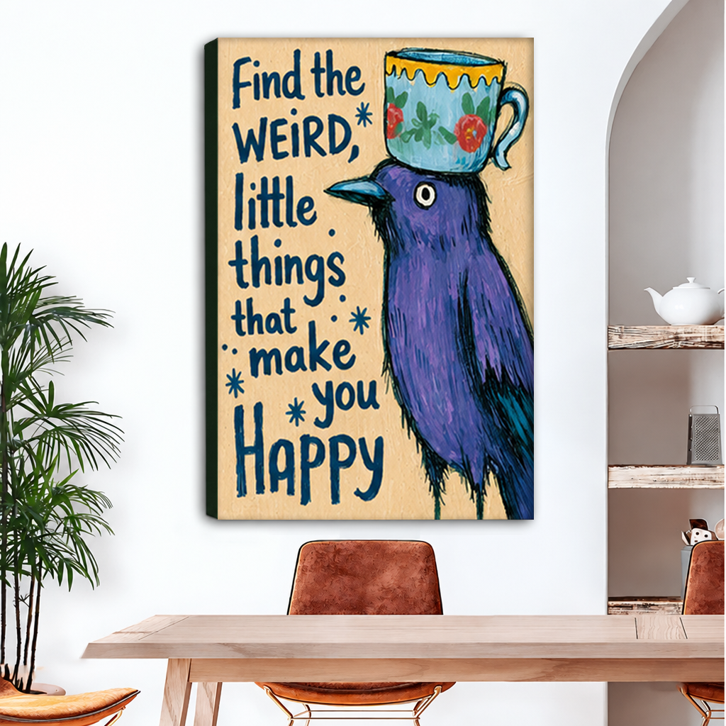 Gallery-wrap purple bird quote canvas wall art displayed above a dining table, showing its wrapped edge.