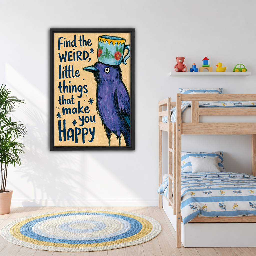  Purple bird quote canvas wall art hanging beside a wooden bunk bed in a child's room.