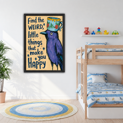  Purple bird quote canvas wall art hanging beside a wooden bunk bed in a child's room.