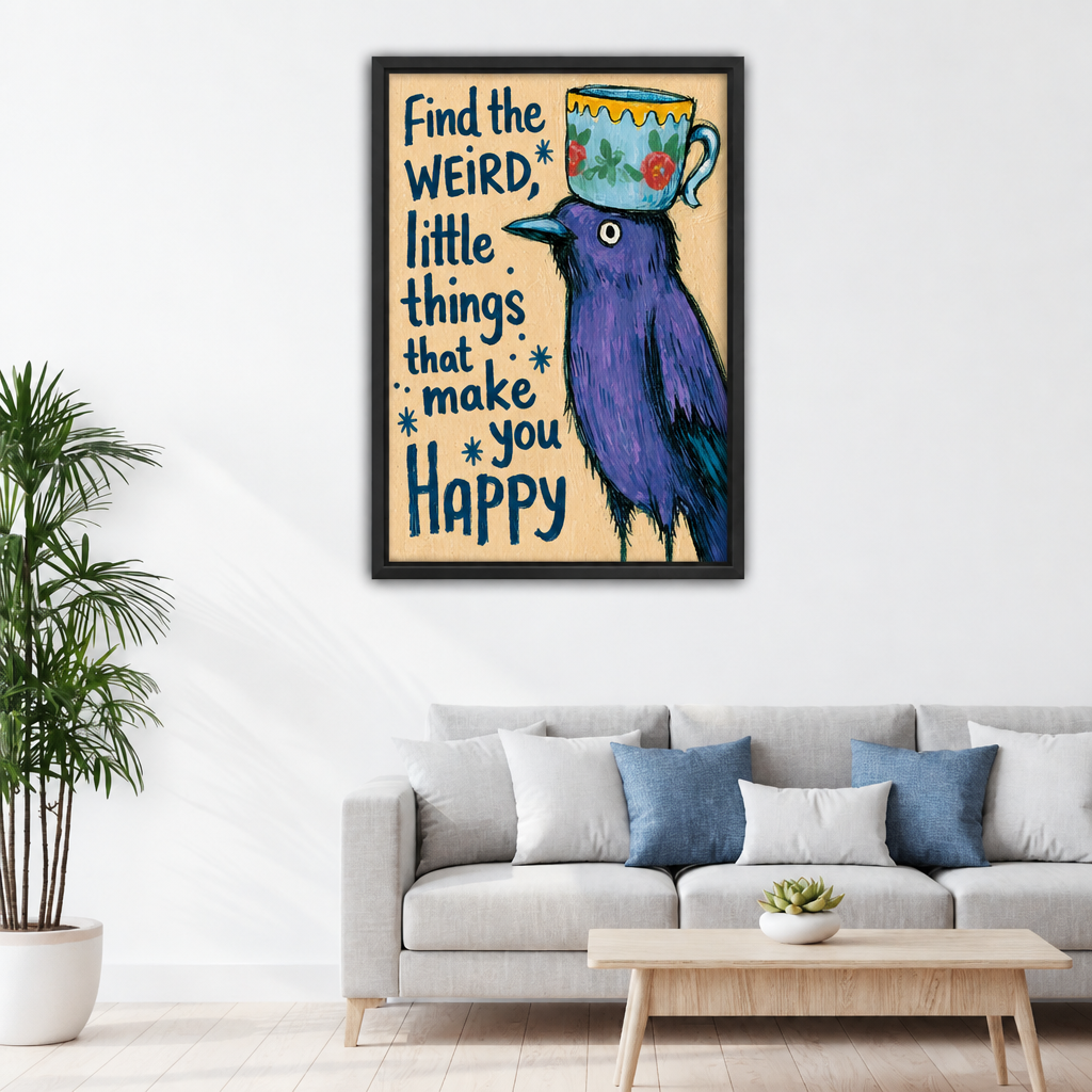 Purple bird quote canvas wall art in a black frame above a light sofa in a living room.