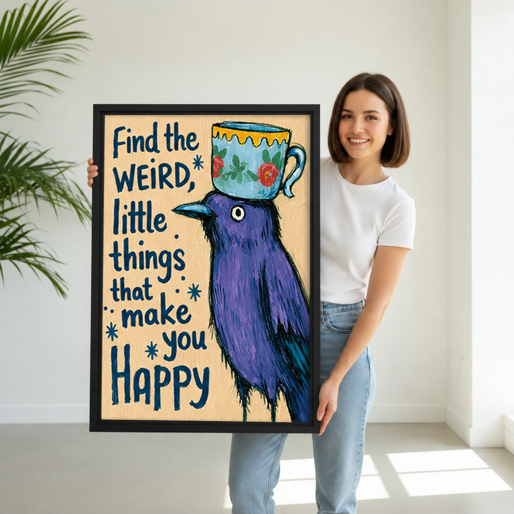 Woman holding framed purple bird quote canvas wall art with a floral teacup and playful lettering.