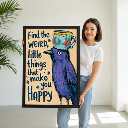 Woman holding framed purple bird quote canvas wall art with a floral teacup and playful lettering.