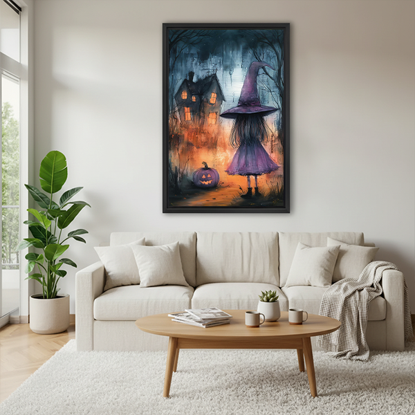 Whimsical purple witch canvas wall art in a black frame above a cream living room sofa.