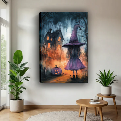 Gallery-wrap purple witch canvas wall art showing a misty haunted house and jack-o’-lantern between potted plants.