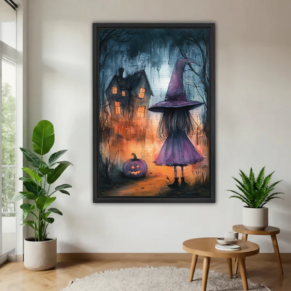 Framed purple witch canvas wall art with a glowing haunted house on a sage bedroom wall.