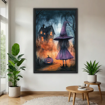 Framed purple witch canvas wall art with a glowing haunted house on a sage bedroom wall.