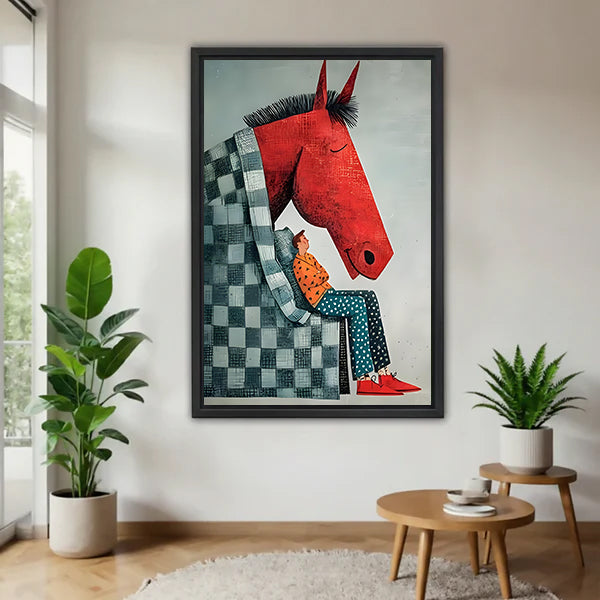 Red Horse Folk Art Companionship Canvas Wall Art | Framed & Unframed l4638